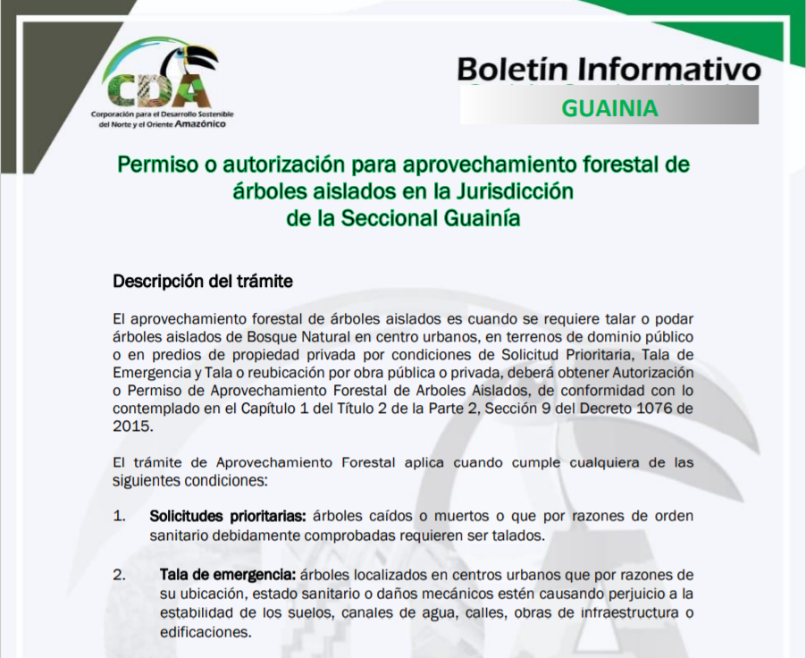 imagen alusiva a  Permiso o autorización Para aprovechamiento forestal de árboles aislados en la Jurisdicción de la Seccional Guainía