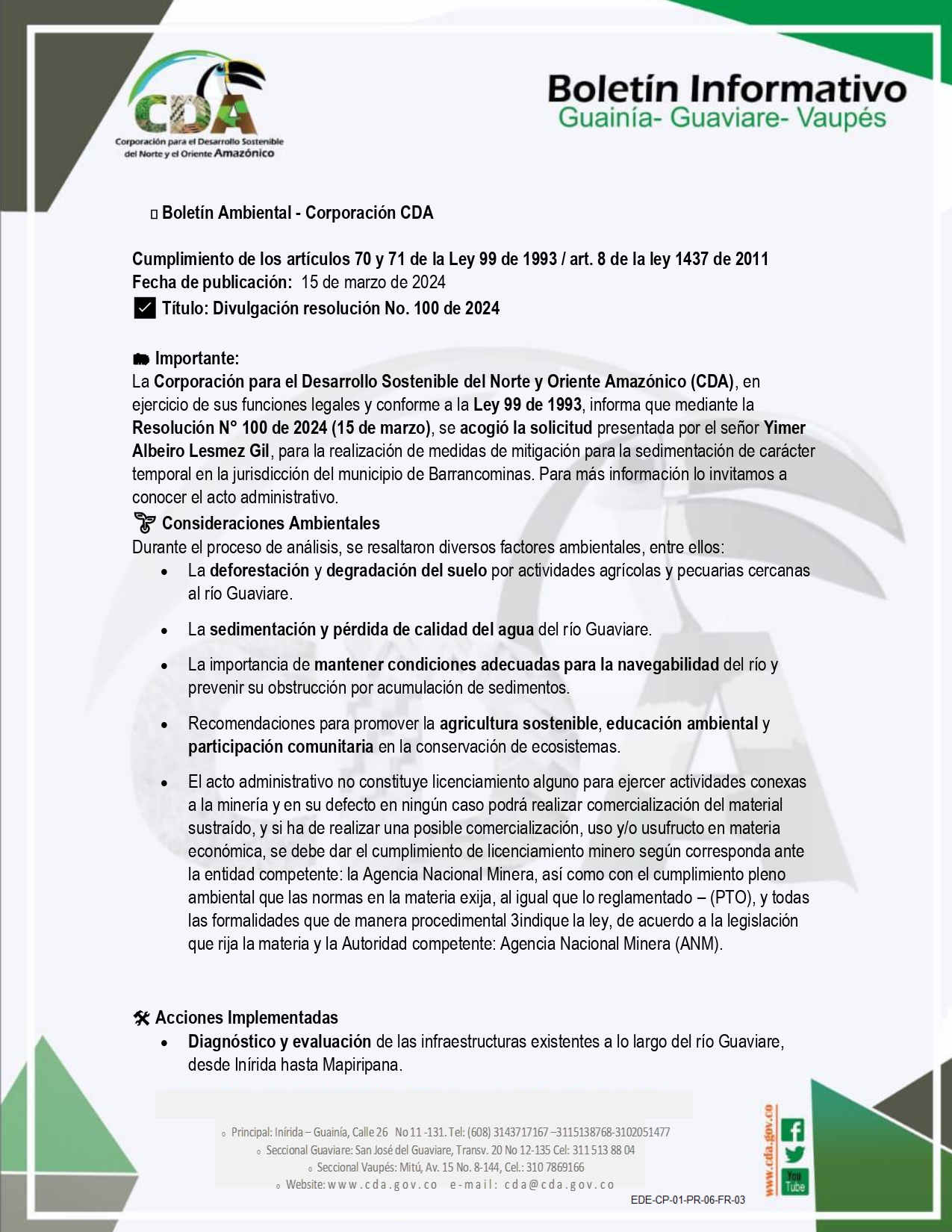 imagen alusiva a  Boletin ambiental Resolucion 100-2024