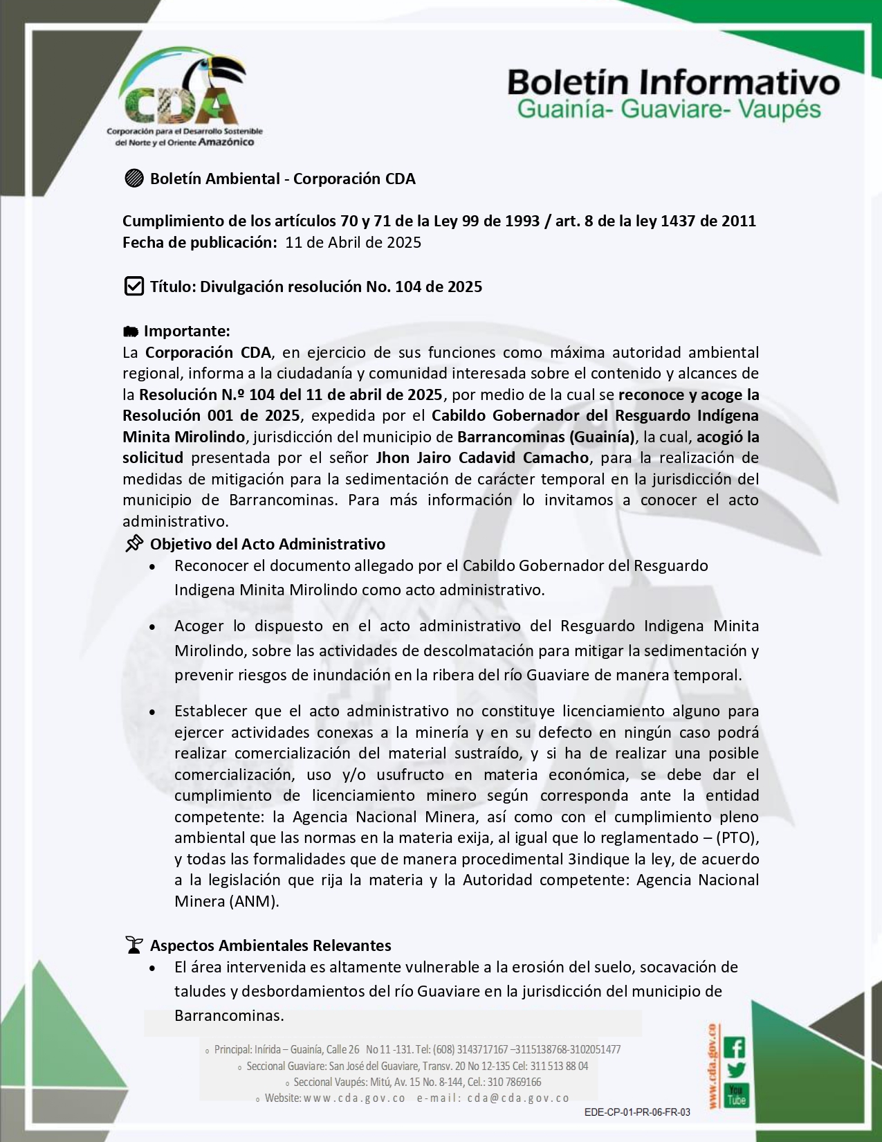 imagen alusiva a  Boletin Ambiental Resolución 104 del 2025