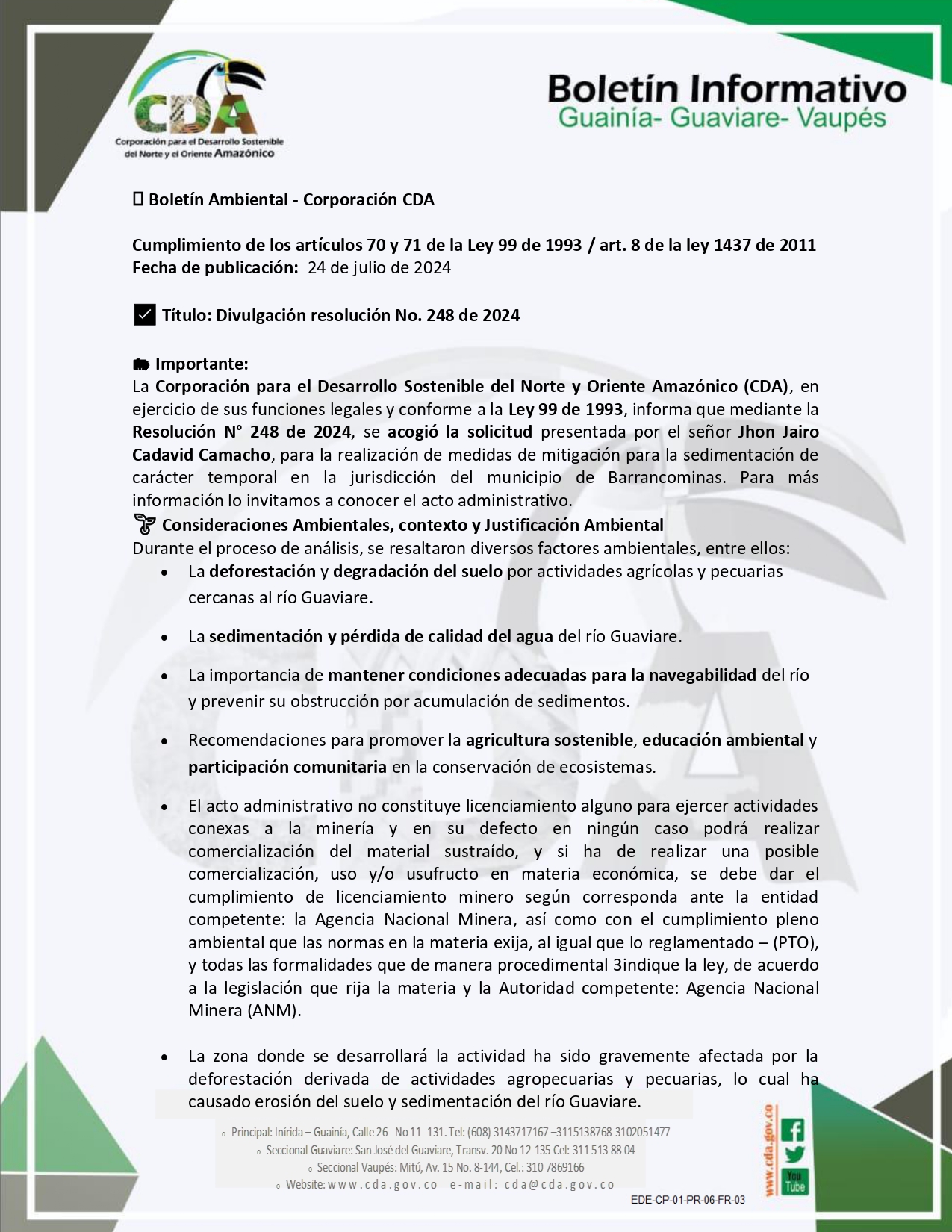 imagen alusiva a  Boletin Ambiental Resolucion 248-2024