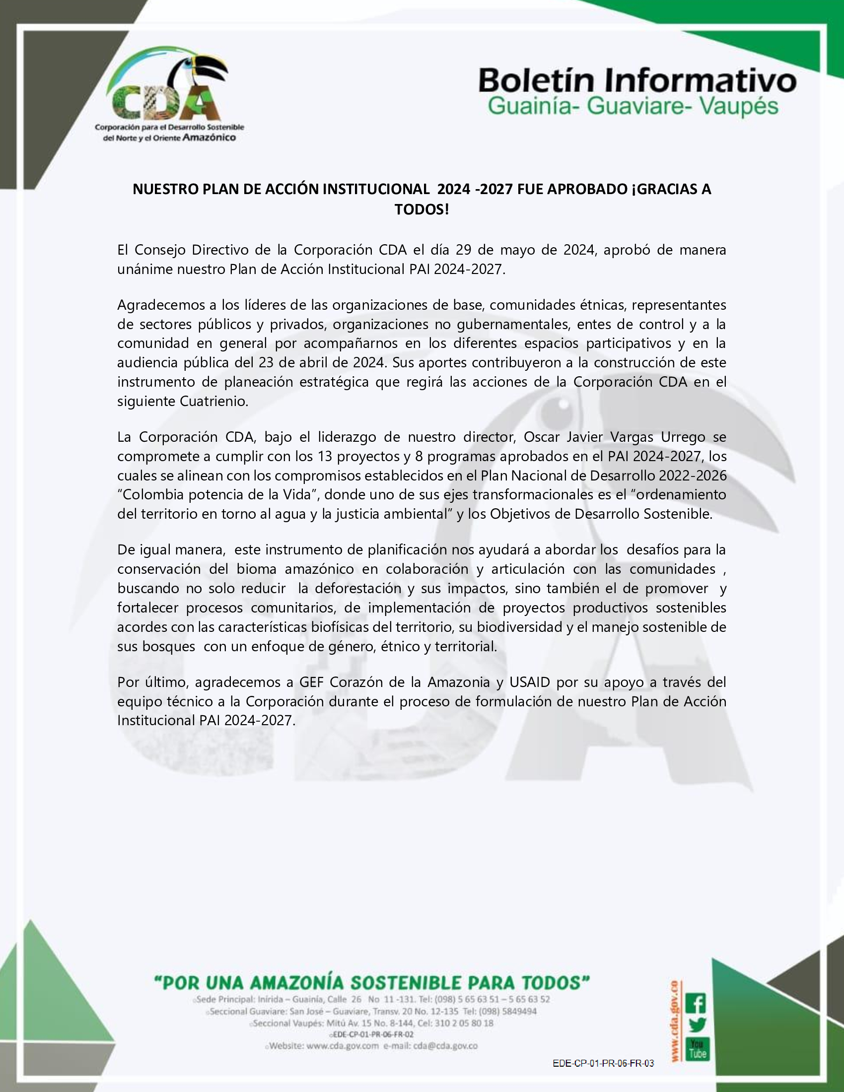 imagen alusiva a  NUESTRO PLAN DE ACCIÓN INSTITUCIONAL  2024 -2027 FUE APROBADO ¡GRACIAS A TODOS¡