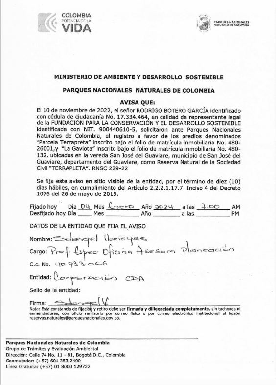 imagen alusiva a  Publicación Aviso DE MINISTERIO DE AMBIENTE Y DESARROLLO SOSTENIBLE _ PARQUES NACIONALES NATURALES DE COLOMBIA