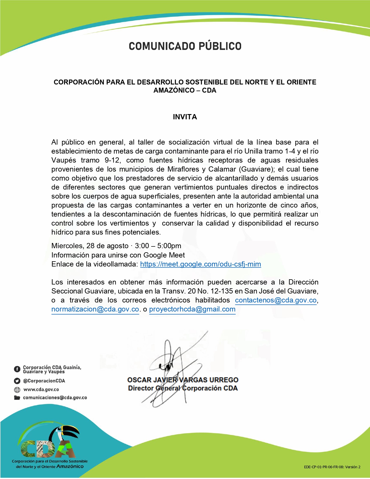 imagen alusiva a  Invitacion al taller de socialización virtual de la línea base para el establecimiento de metas de carga contaminante para el río Unilla tramo 1-4 y el río Vaupés tramo 9-12