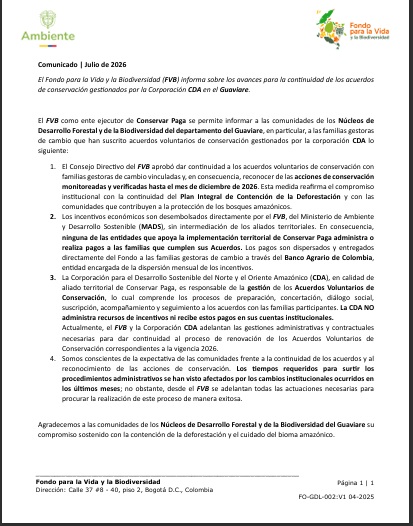 Gráfica alusiva a Comunicado | Julio de 2026  El Fondo para la Vida y la Biodiversidad (FVB) informa sobre los avances para la continuidad de los acuerdos  de conservación gestionados por la Corporación CDA en el Guaviare.