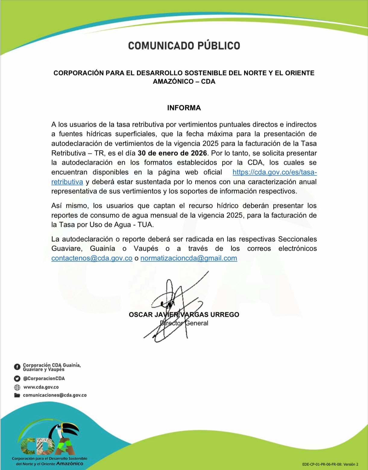 Gráfica alusiva a Comunicado Publico Autodeclaración de Vertimientos 2025